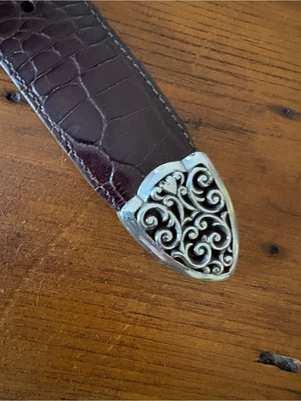 Vintage Brighton Croc-Embossed Leather Belt with Filigree Silver Buckle & Tip 30